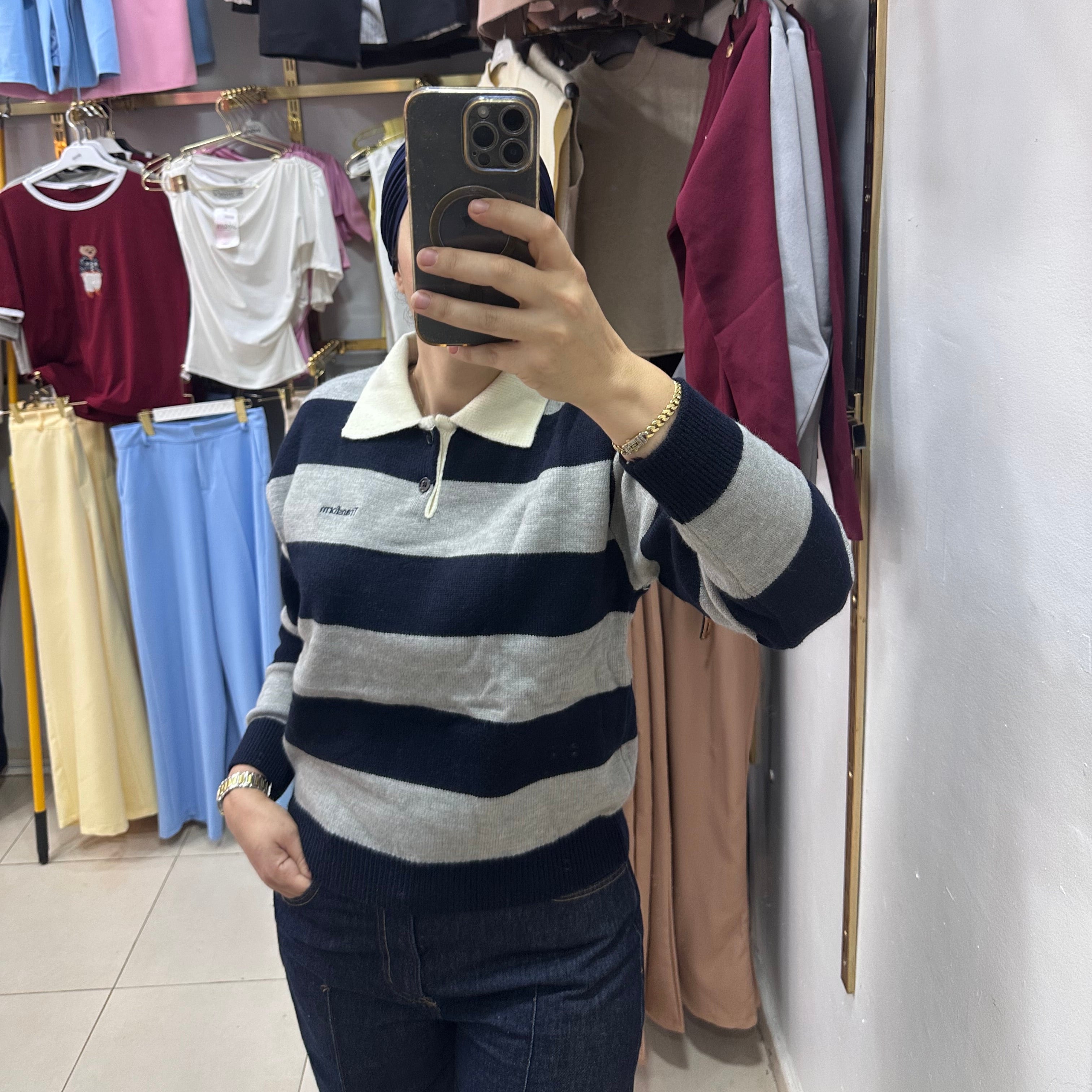 Pull laine rayé col polo