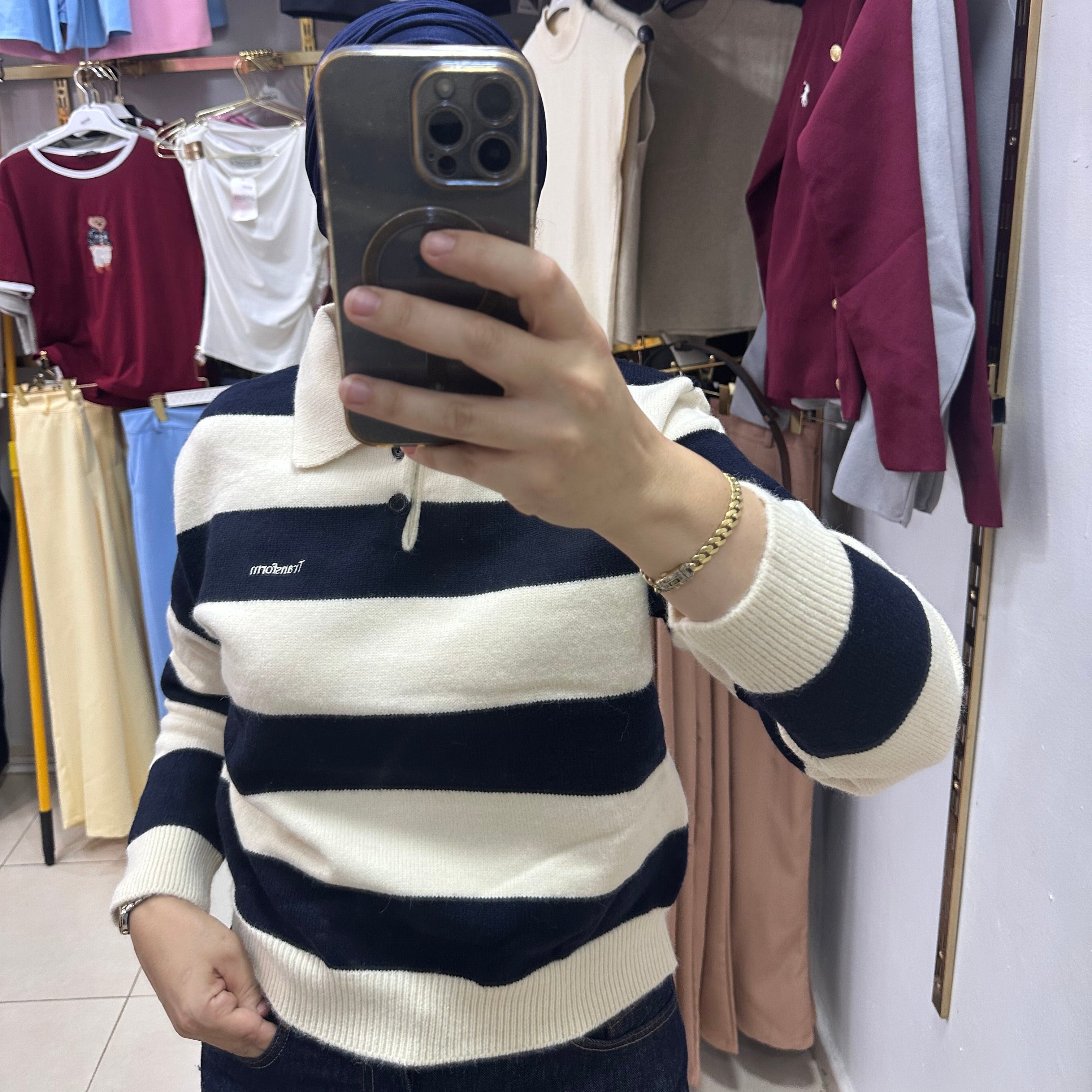 Pull laine rayé col polo