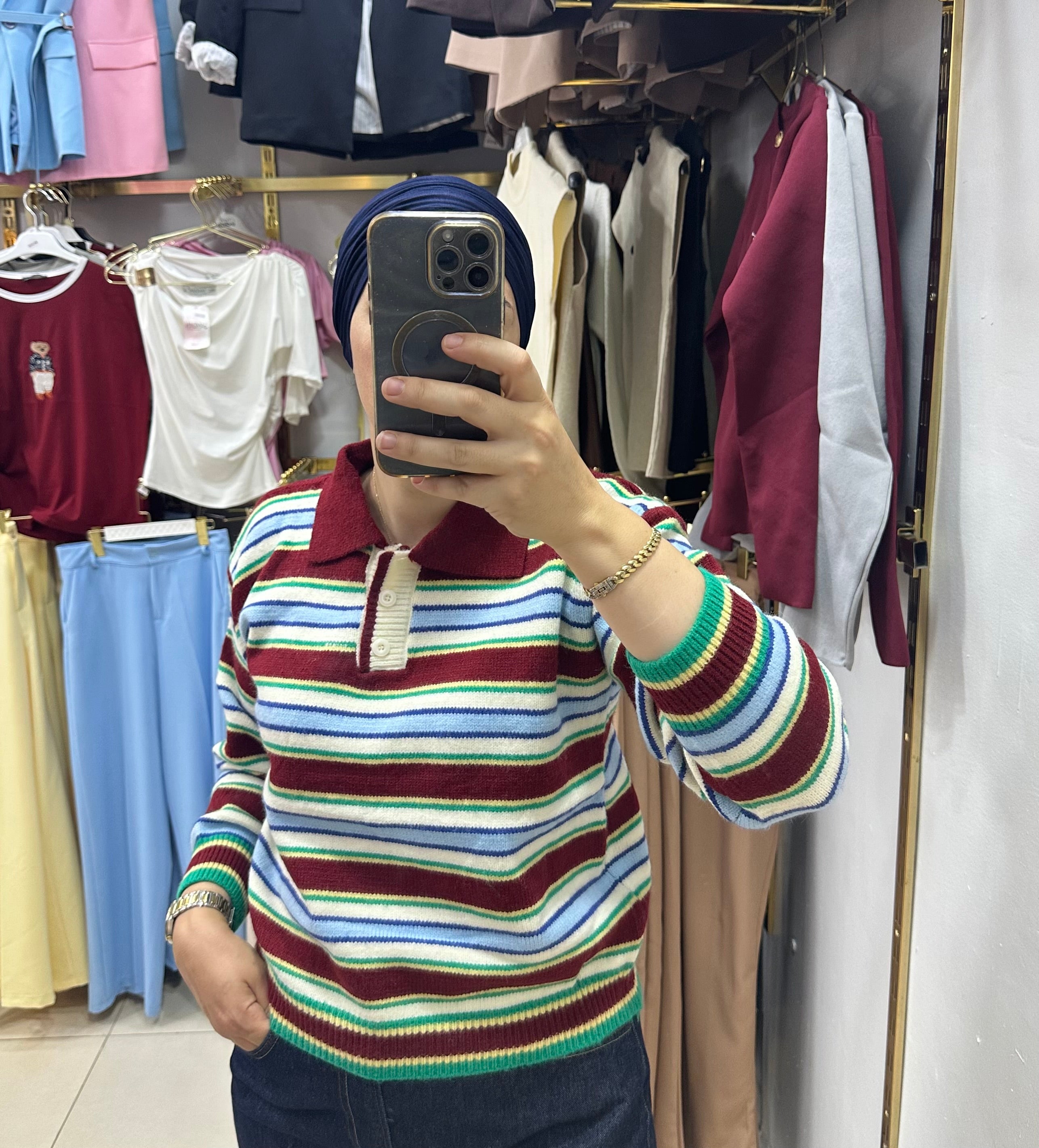 Pull laine rayé à col polo