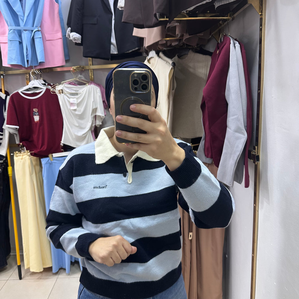 Pull laine rayé col polo